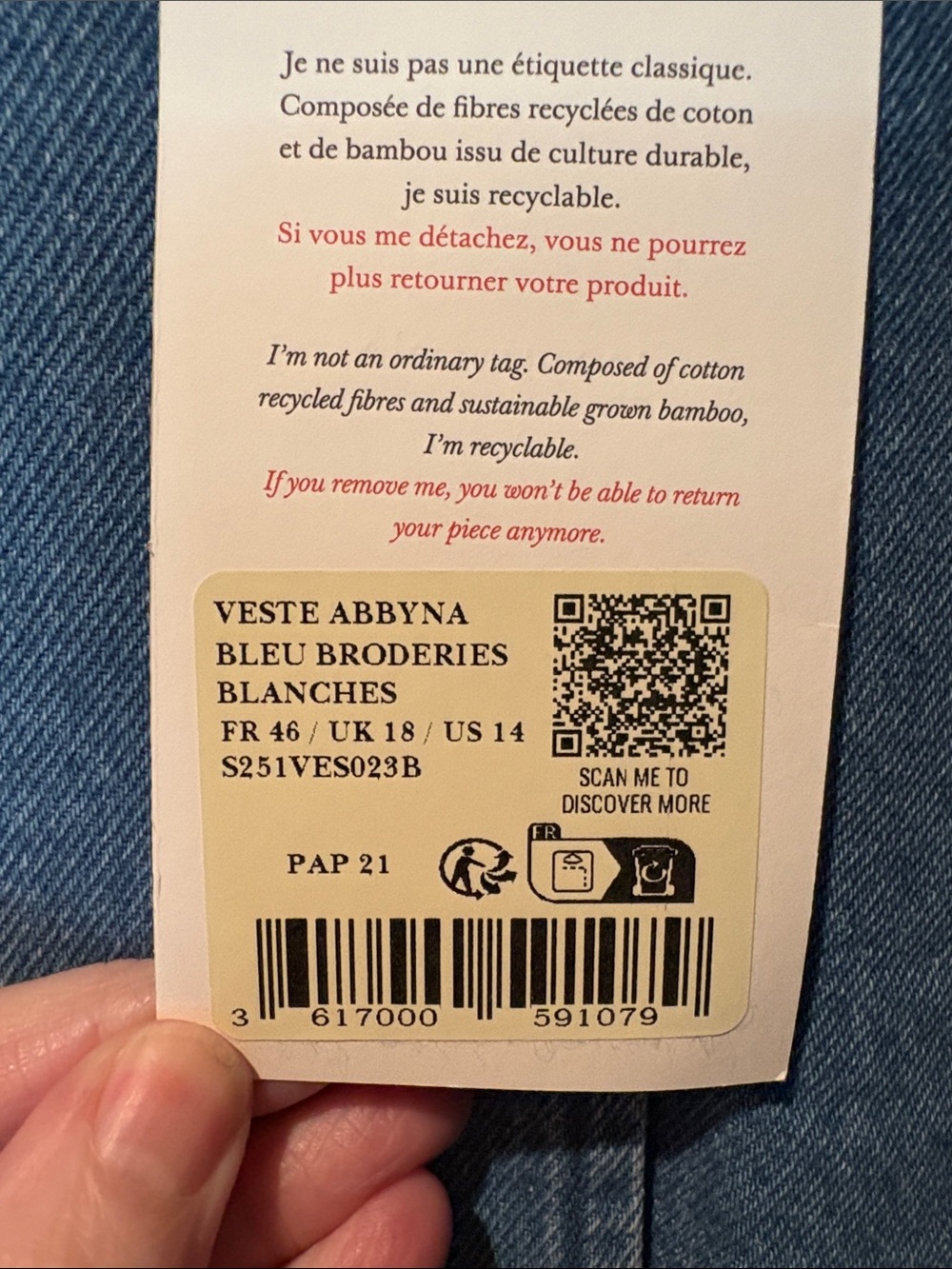 Sézane Abbyna Jacket Vest Denim NWT - Picture 7 of 7